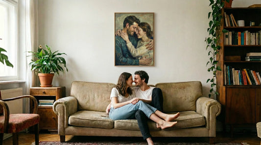 Coppia con ritratto personalizzato incorniciato in salotto