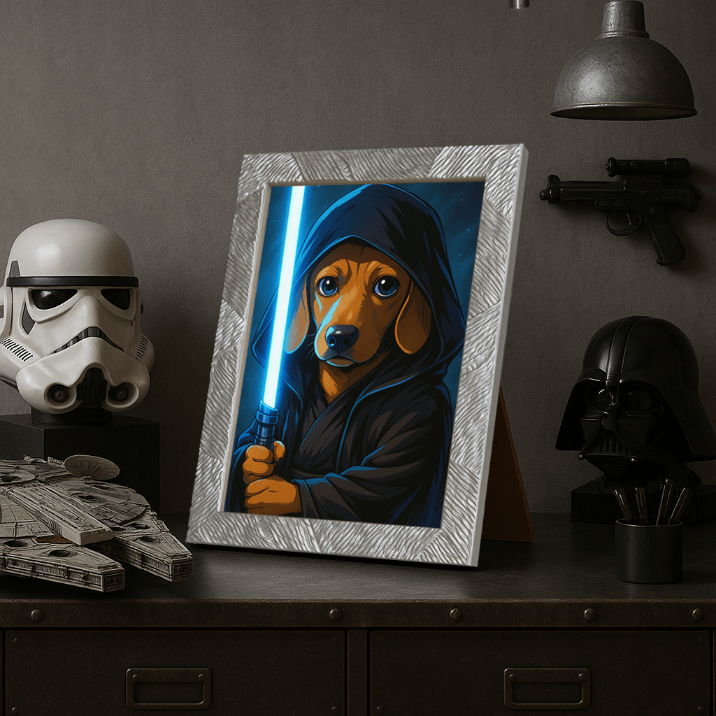 Jedi Blu stampato su forex, cornice portafoto argento, misura 21x29.7