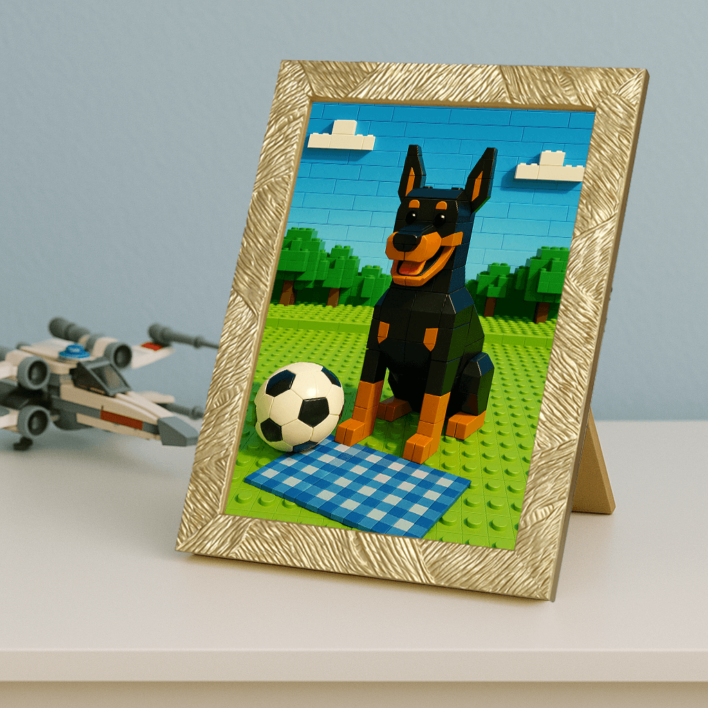 Minifigura Mattoncini stampato su forex, cornice portafoto oro, misura 21x29.7