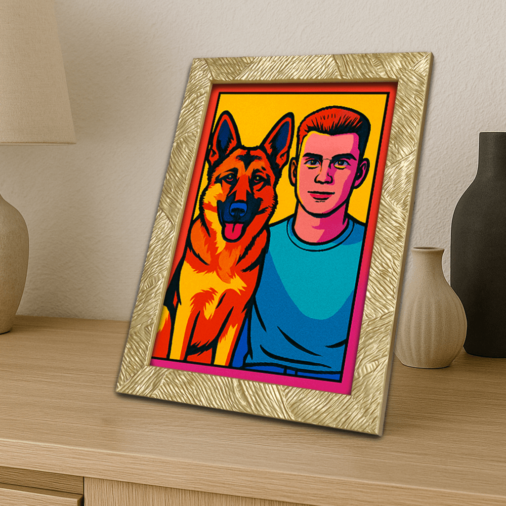 Pop Art stampato su forex, cornice portafoto oro, misura 21x29.7