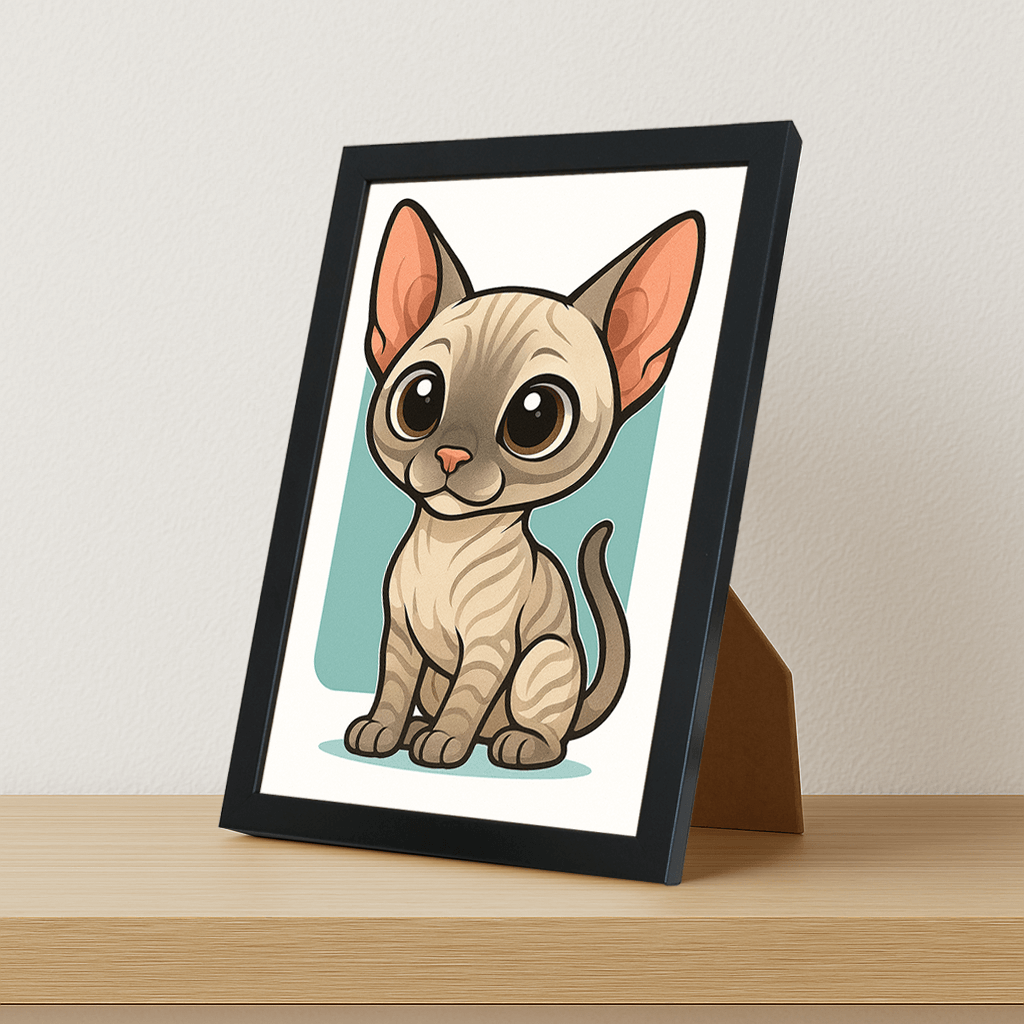Sphynx in stile Chibi stampato su forex, cornice portafoto nero, misura 21x29.7