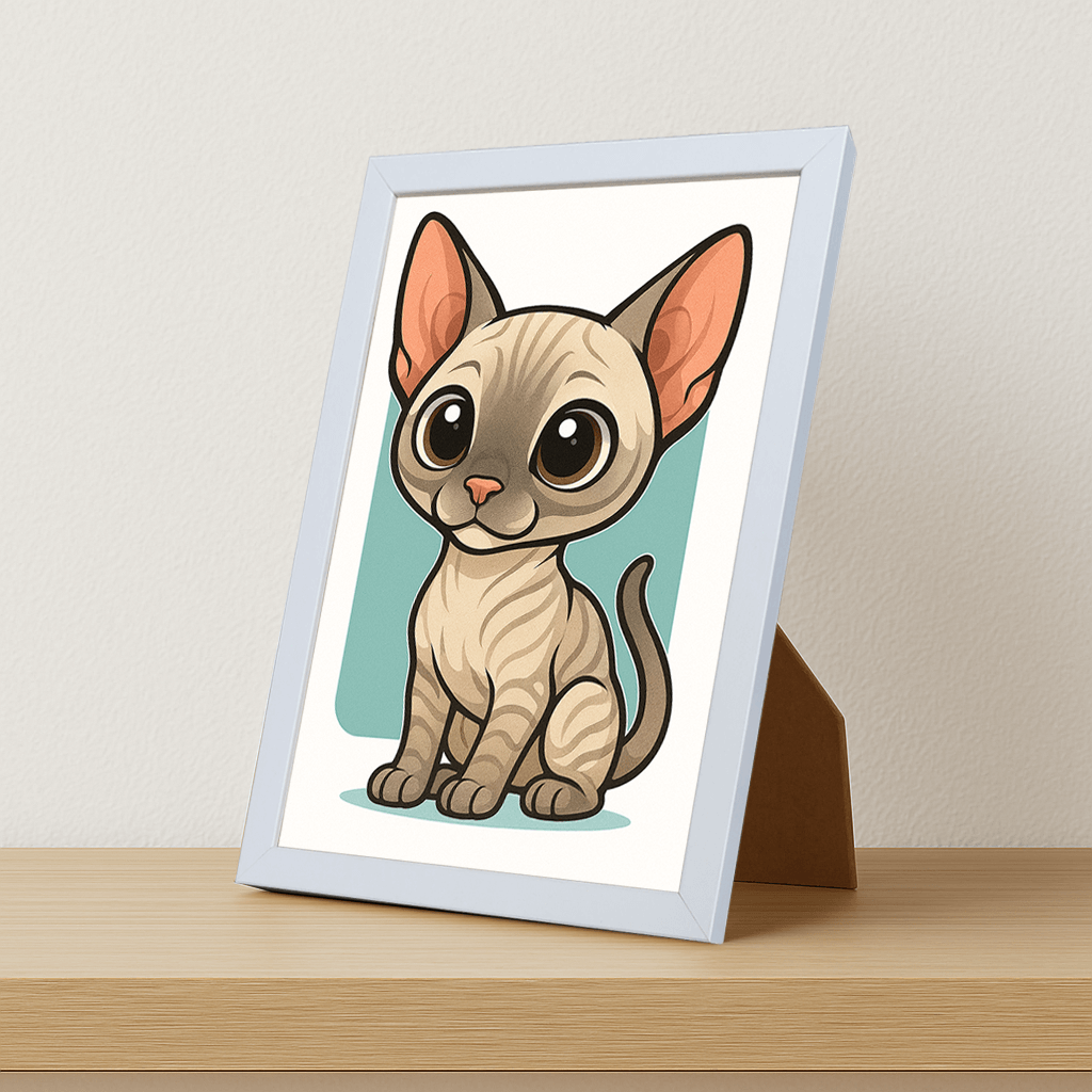Sphynx in stile Chibi stampato su forex, cornice portafoto bianco, misura 21x29.7