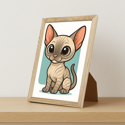 Sphynx in stile Chibi stampato su forex, cornice portafoto legno, misura 21x29.7