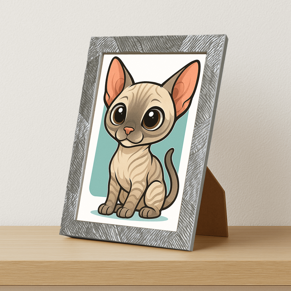 Sphynx in stile Chibi stampato su forex, cornice portafoto argento, misura 21x29.7