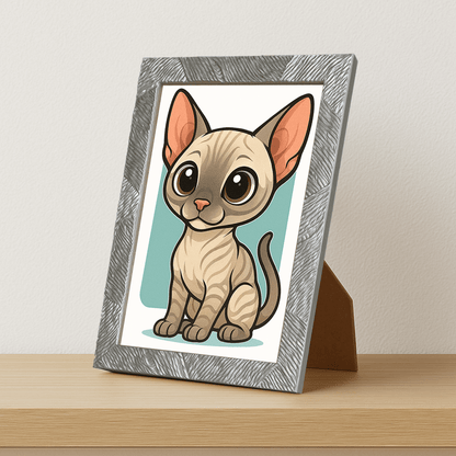 Sphynx in stile Chibi stampato su forex, cornice portafoto argento, misura 21x29.7