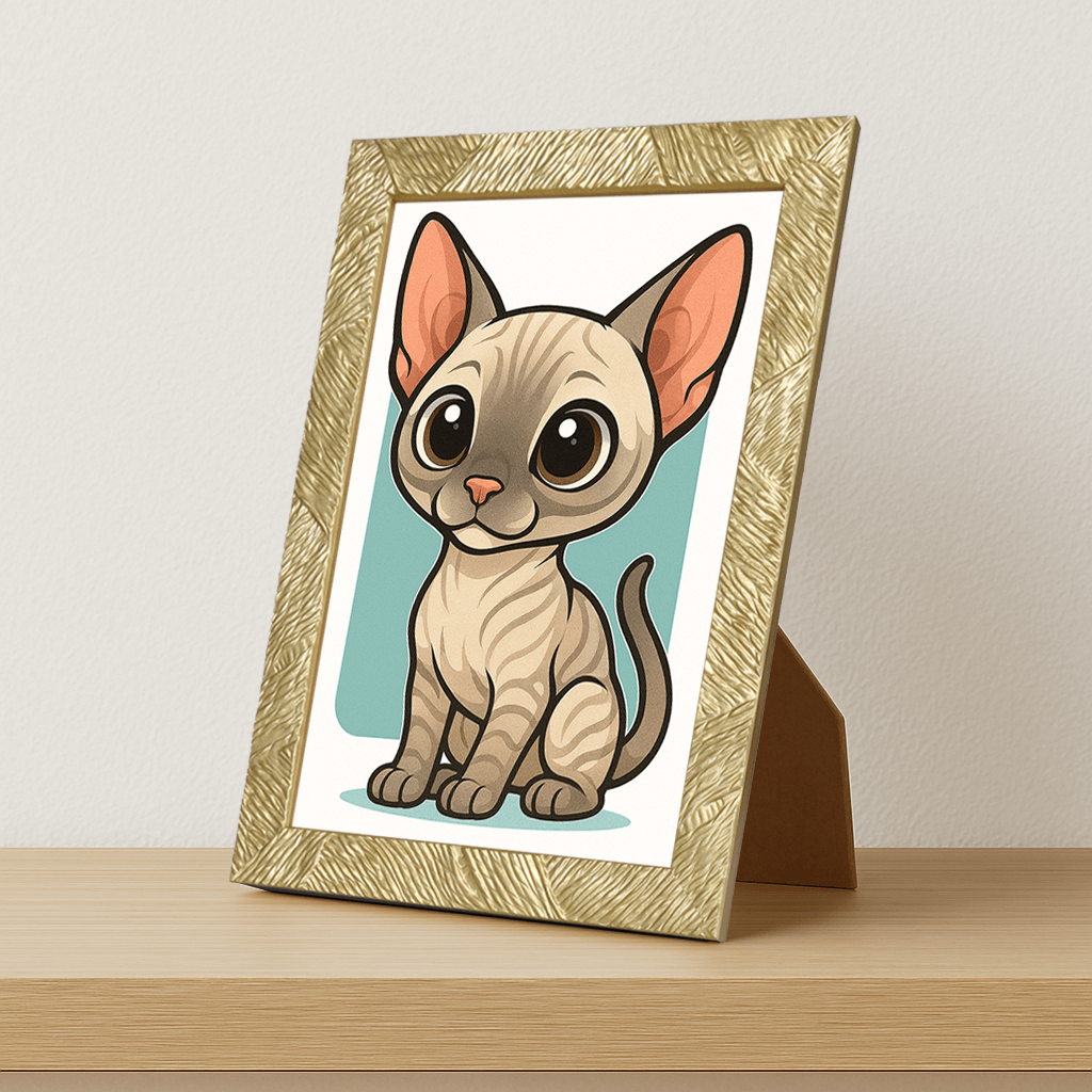 Sphynx in stile Chibi stampato su forex, cornice portafoto oro, misura 21x29.7