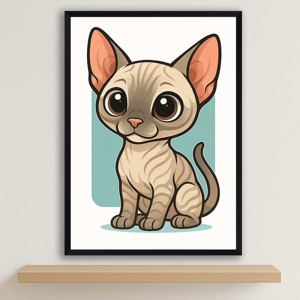 Sphynx in stile Chibi stampato su forex, cornice nero, disponibile in 30x40, 40x50 e 50x70 cm