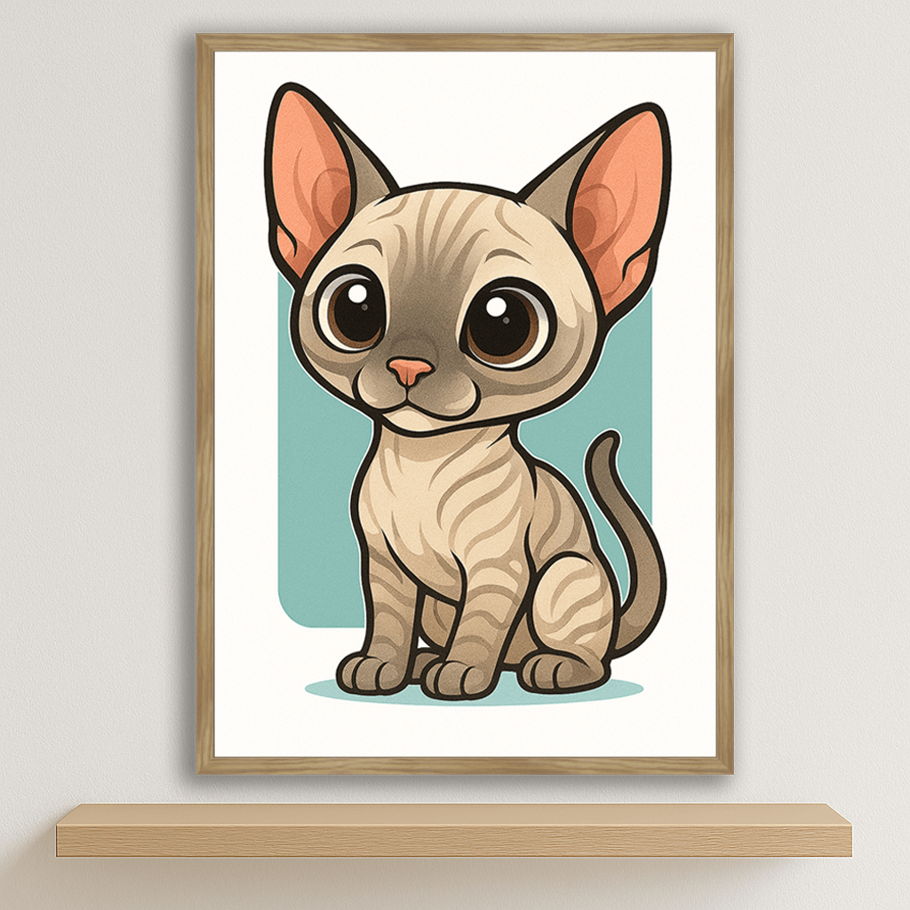 Sphynx in stile Chibi stampato su forex, cornice legno, disponibile in 30x40, 40x50 e 50x70 cm