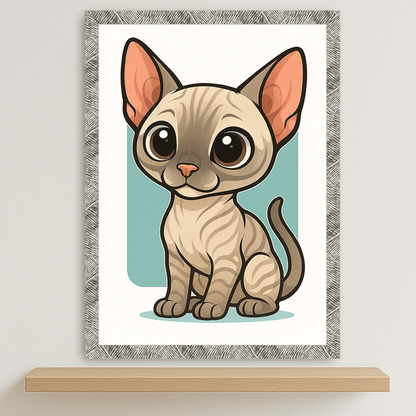 Sphynx in stile Chibi stampato su forex, cornice argento, disponibile in 30x40, 40x50 e 50x70 cm