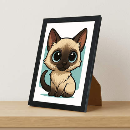 Siamese in stile Chibi stampato su forex, cornice portafoto nero, misura 21x29.7
