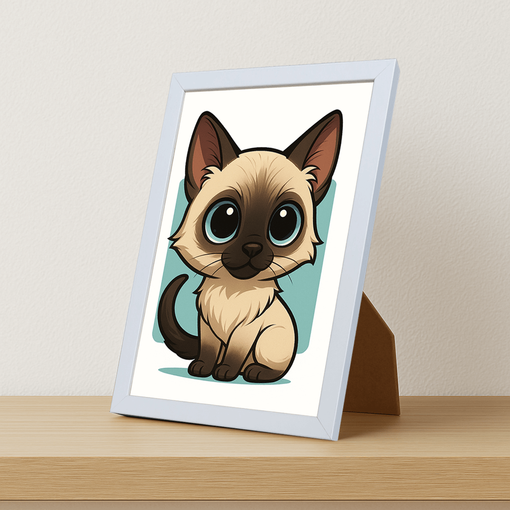 Siamese in stile Chibi stampato su forex, cornice portafoto bianco, misura 21x29.7