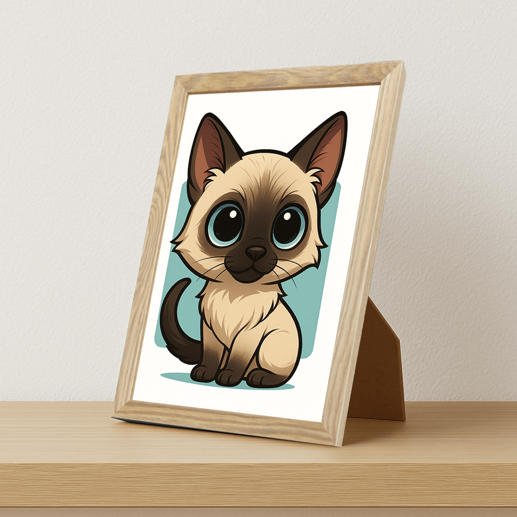 Siamese in stile Chibi stampato su forex, cornice portafoto legno, misura 21x29.7