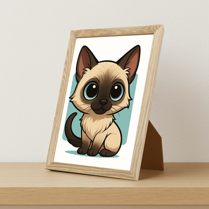 Siamese in stile Chibi stampato su forex, cornice portafoto legno, misura 21x29.7
