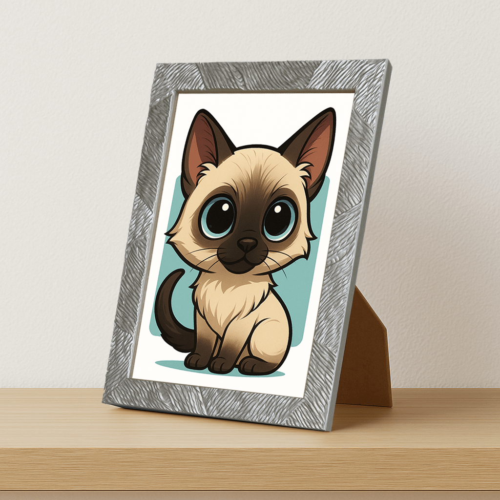 Siamese in stile Chibi stampato su forex, cornice portafoto argento, misura 21x29.7