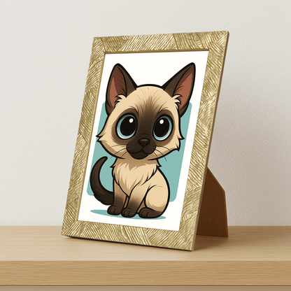 Siamese in stile Chibi stampato su forex, cornice portafoto oro, misura 21x29.7