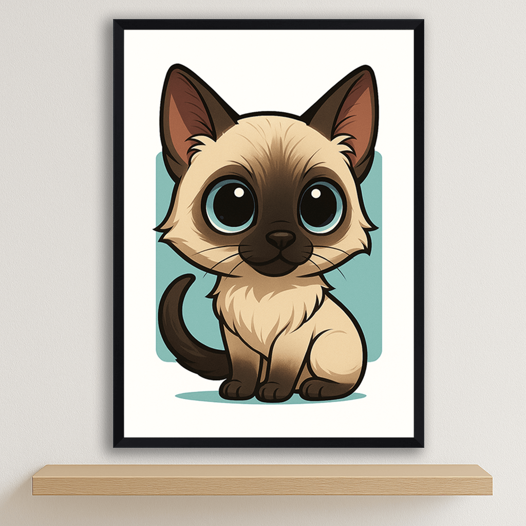 Siamese in stile Chibi stampato su forex, cornice nero, disponibile in 30x40, 40x50 e 50x70 cm