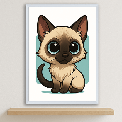 Siamese in stile Chibi stampato su forex, cornice bianco, disponibile in 30x40, 40x50 e 50x70 cm