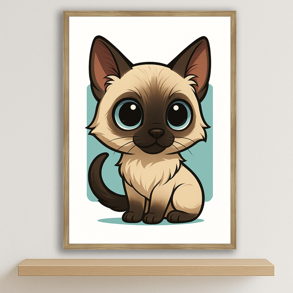 Siamese in stile Chibi stampato su forex, cornice legno, disponibile in 30x40, 40x50 e 50x70 cm