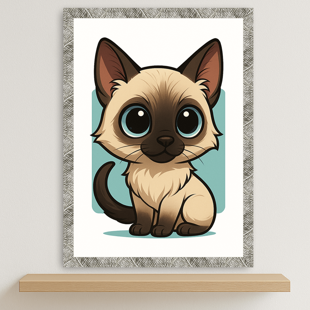 Siamese in stile Chibi stampato su forex, cornice oro, disponibile in 30x40, 40x50 e 50x70 cm