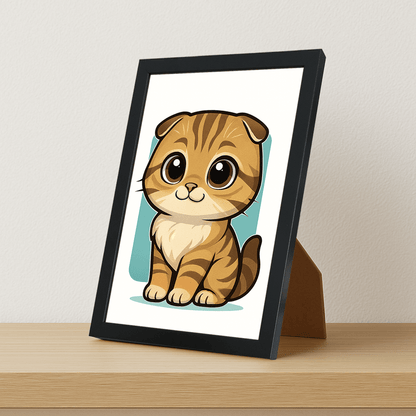 Scottish Fold in stile Chibi stampato su forex, cornice portafoto nero, misura 21x29.7