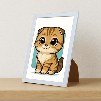 Scottish Fold in stile Chibi stampato su forex, cornice portafoto bianco, misura 21x29.7