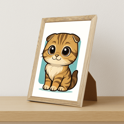 Scottish Fold in stile Chibi stampato su forex, cornice portafoto legno, misura 21x29.7