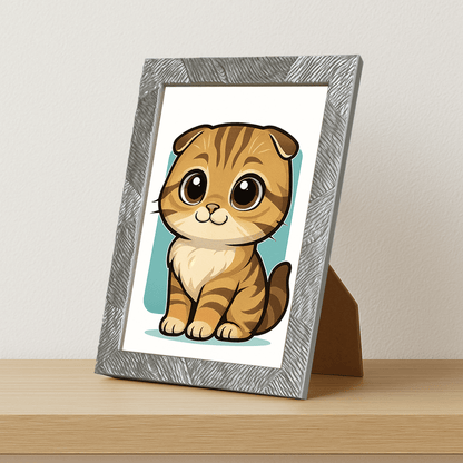 Scottish Fold in stile Chibi stampato su forex, cornice portafoto argento, misura 21x29.7