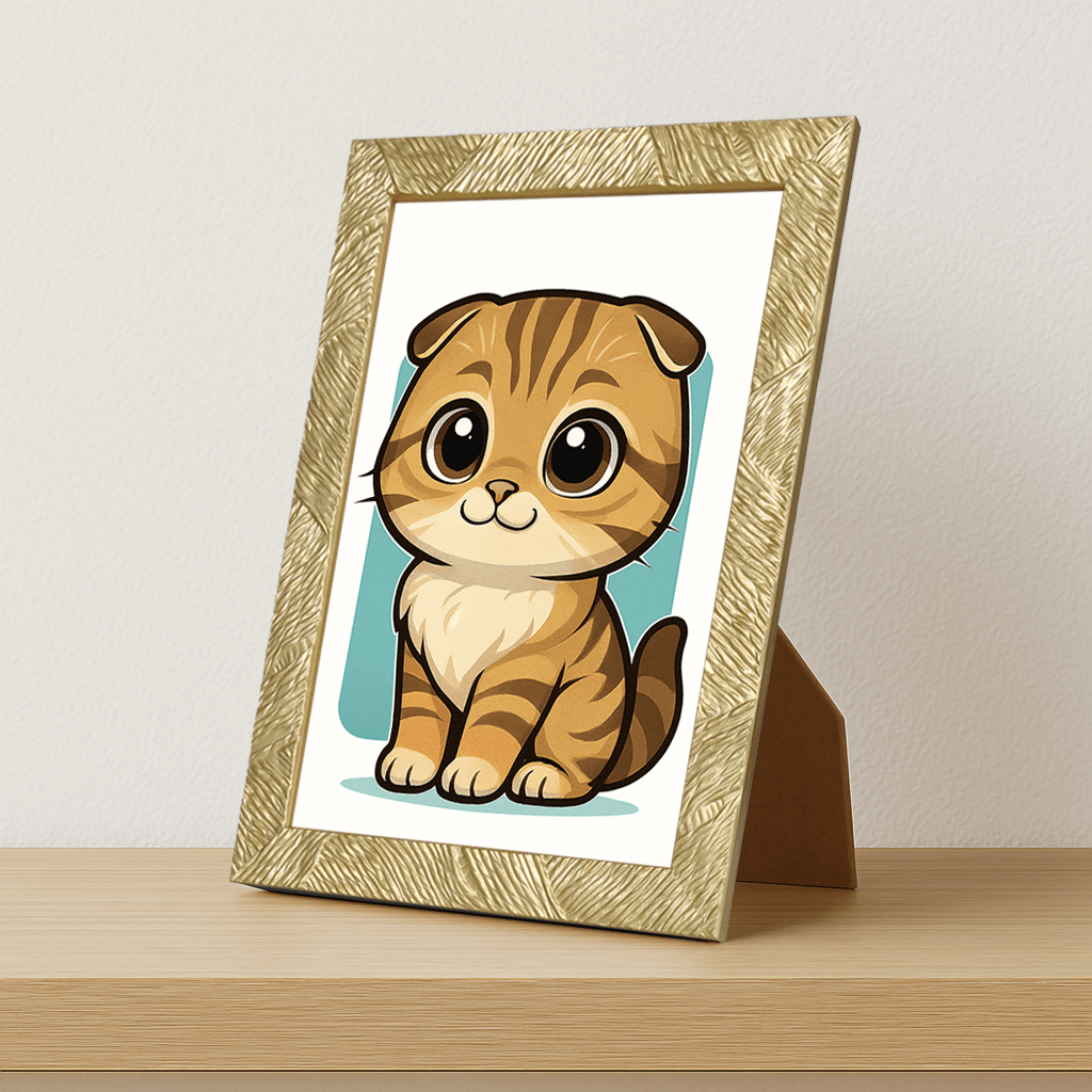 Scottish Fold in stile Chibi stampato su forex, cornice portafoto oro, misura 21x29.7