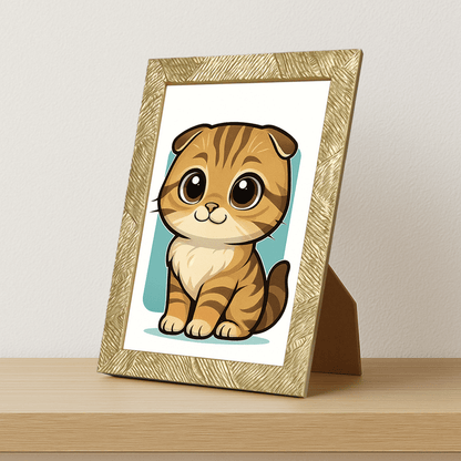 Scottish Fold in stile Chibi stampato su forex, cornice portafoto oro, misura 21x29.7