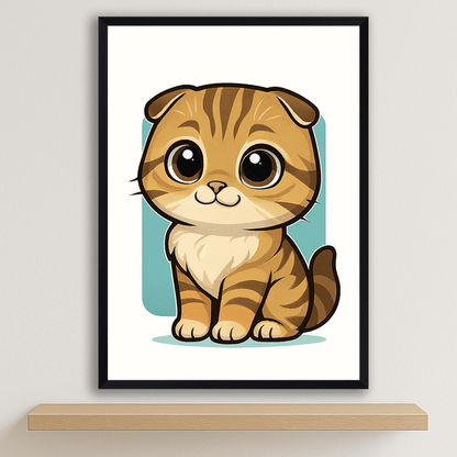 Scottish Fold in stile Chibi stampato su forex, cornice nero, disponibile in 30x40, 40x50 e 50x70 cm