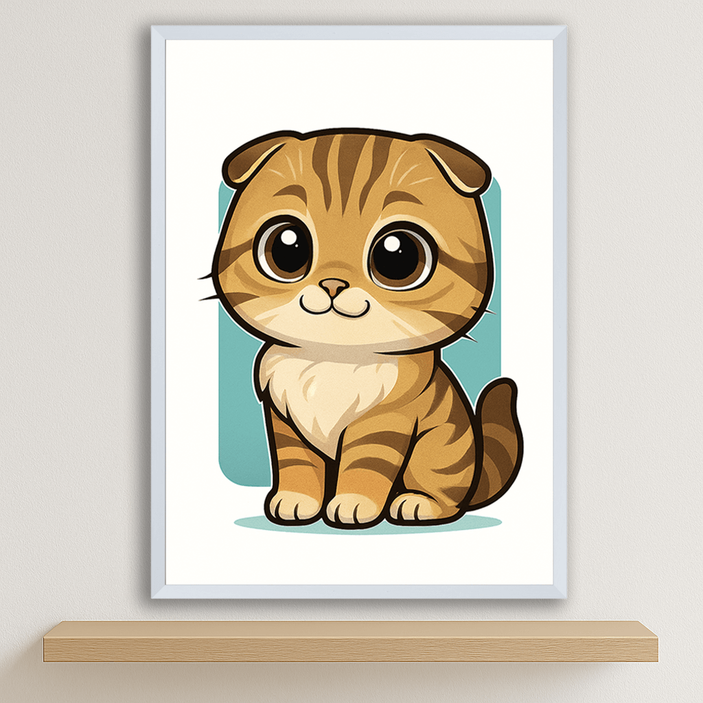 Scottish Fold in stile Chibi stampato su forex, cornice bianco, disponibile in 30x40, 40x50 e 50x70 cm