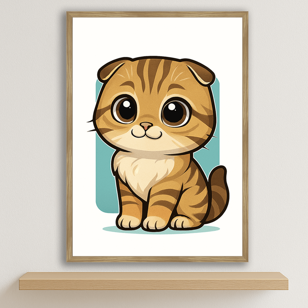 Scottish Fold in stile Chibi stampato su forex, cornice legno, disponibile in 30x40, 40x50 e 50x70 cm