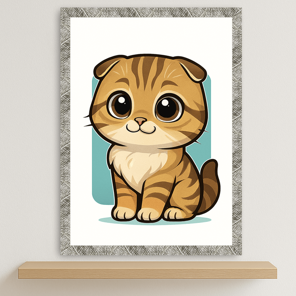 Scottish Fold in stile Chibi stampato su forex, cornice argento, disponibile in 30x40, 40x50 e 50x70 cm