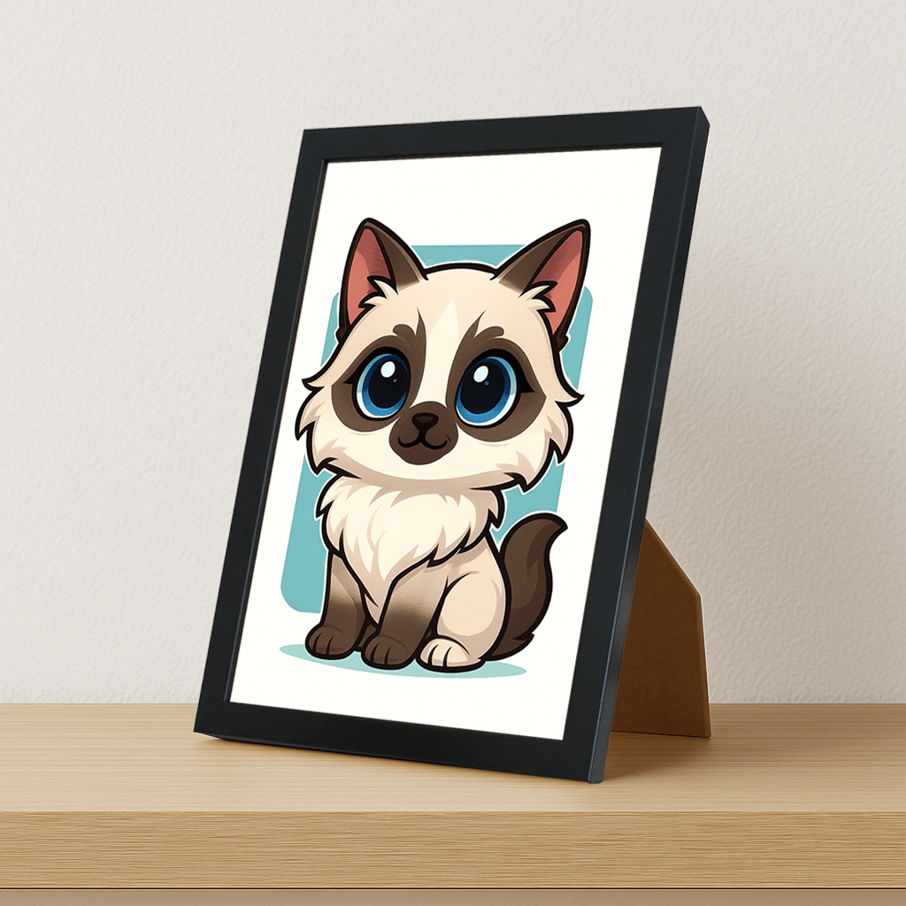 Ragdoll in stile Chibi stampato su forex, cornice portafoto nero, misura 21x29.7