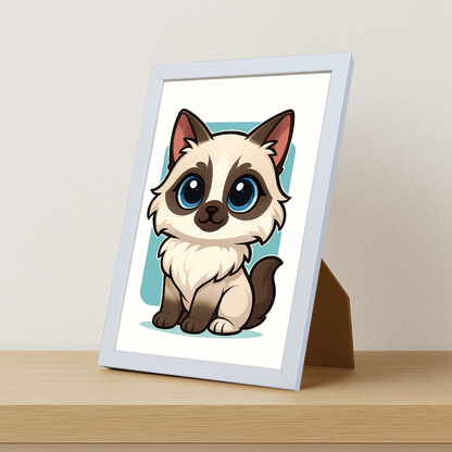 Ragdoll in stile Chibi stampato su forex, cornice portafoto bianco, misura 21x29.7