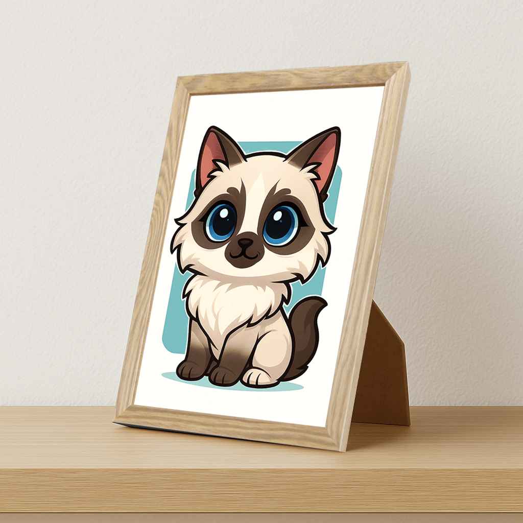 Ragdoll in stile Chibi stampato su forex, cornice portafoto legno, misura 21x29.7