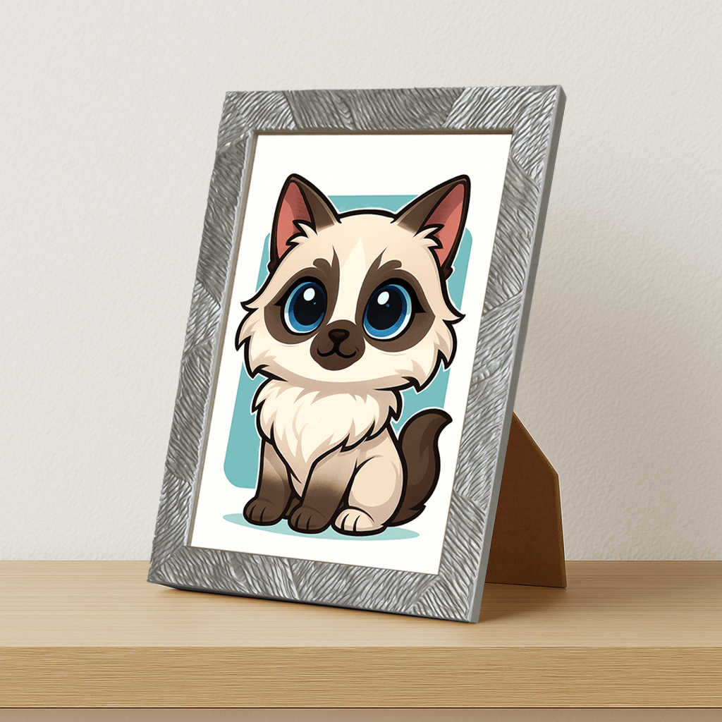 Ragdoll in stile Chibi stampato su forex, cornice portafoto argento, misura 21x29.7