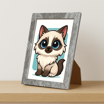 Ragdoll in stile Chibi stampato su forex, cornice portafoto argento, misura 21x29.7