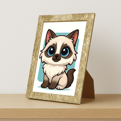 Ragdoll in stile Chibi stampato su forex, cornice portafoto oro, misura 21x29.7