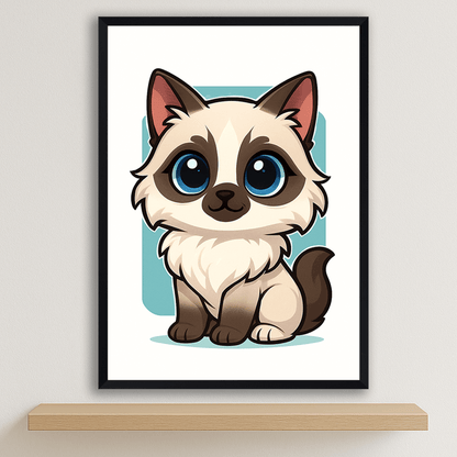Ragdoll in stile Chibi stampato su forex, cornice nero, disponibile in 30x40, 40x50 e 50x70 cm