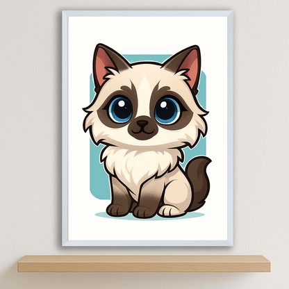 Ragdoll in stile Chibi stampato su forex, cornice bianco, disponibile in 30x40, 40x50 e 50x70 cm