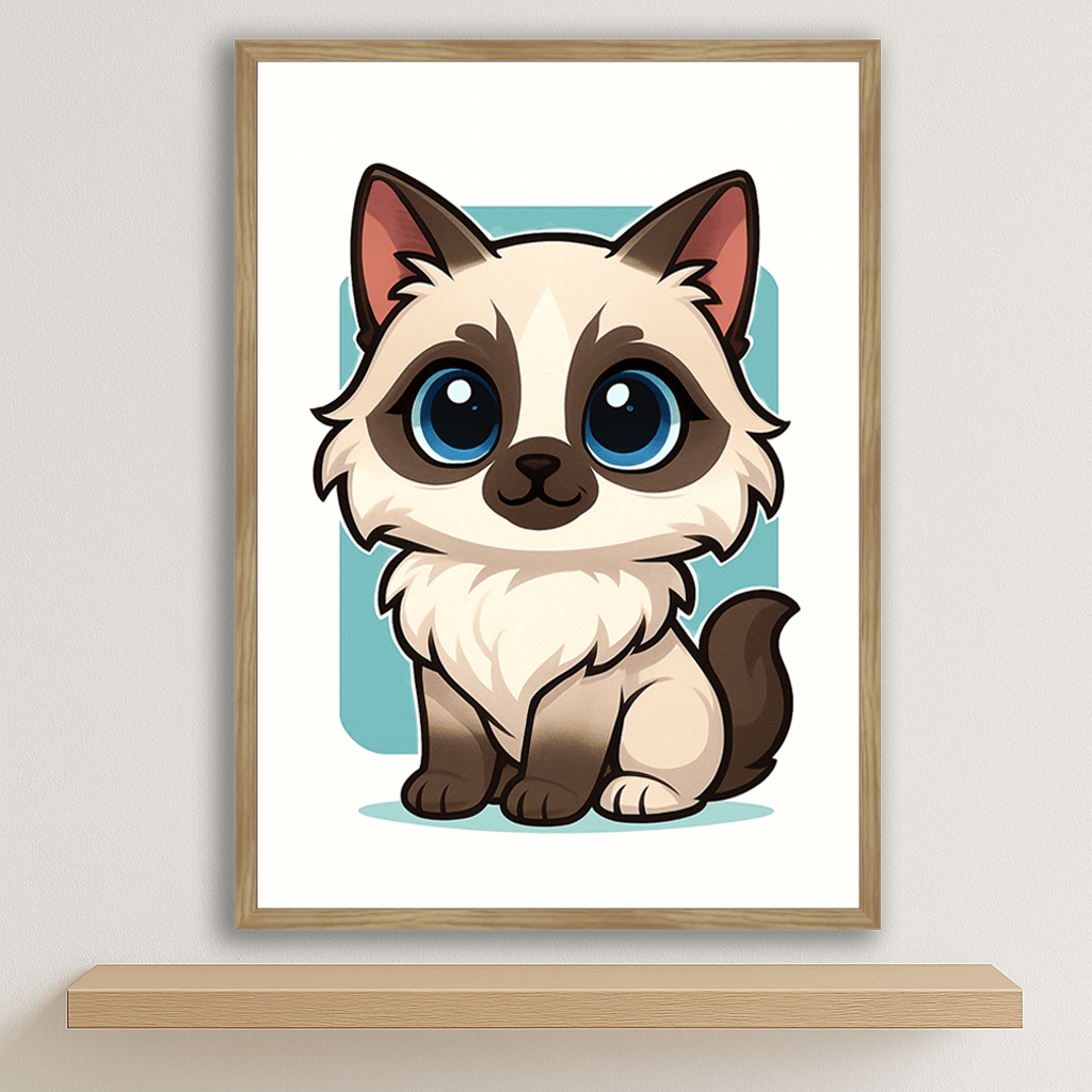 Ragdoll in stile Chibi stampato su forex, cornice legno, disponibile in 30x40, 40x50 e 50x70 cm