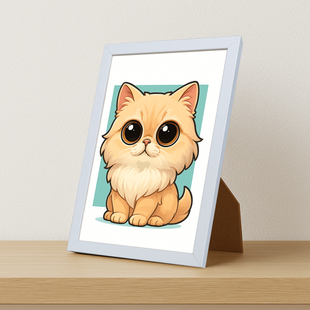 Persiano in stile Chibi stampato su forex, cornice portafoto bianco, misura 21x29.7