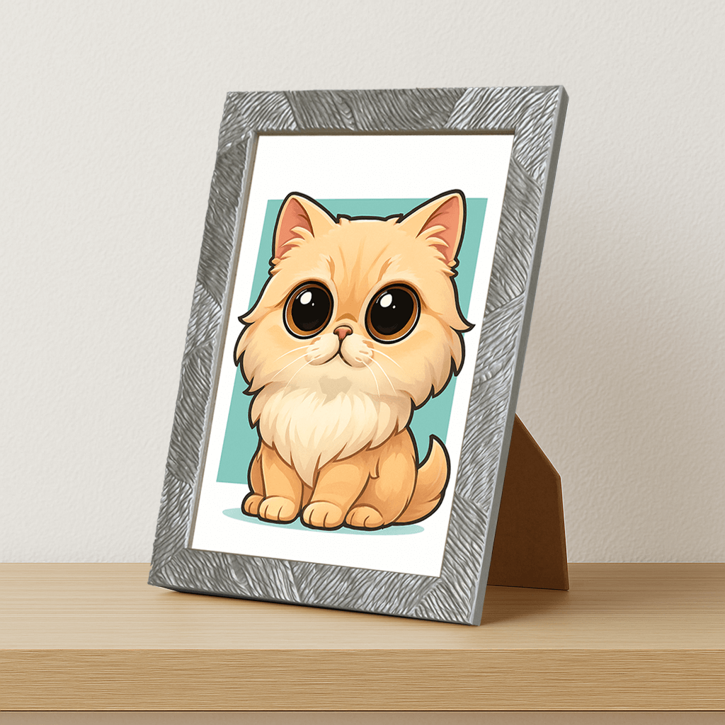 Persiano in stile Chibi stampato su forex, cornice portafoto argento, misura 21x29.7