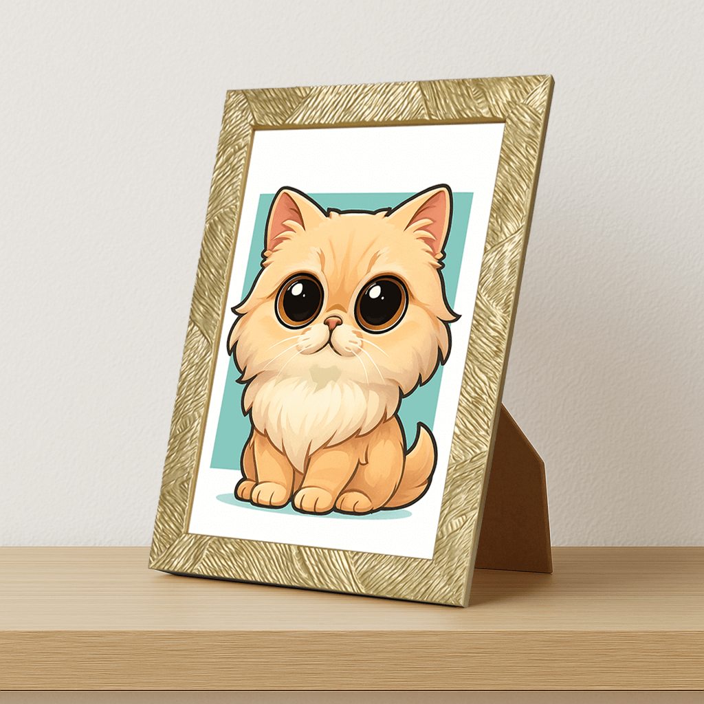 Persiano in stile Chibi stampato su forex, cornice portafoto oro, misura 21x29.7