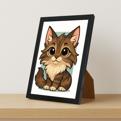 Maine Coon in stile Chibi stampato su forex, cornice portafoto nero, misura 21x29.7
