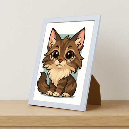 Maine Coon in stile Chibi stampato su forex, cornice portafoto bianco, misura 21x29.7