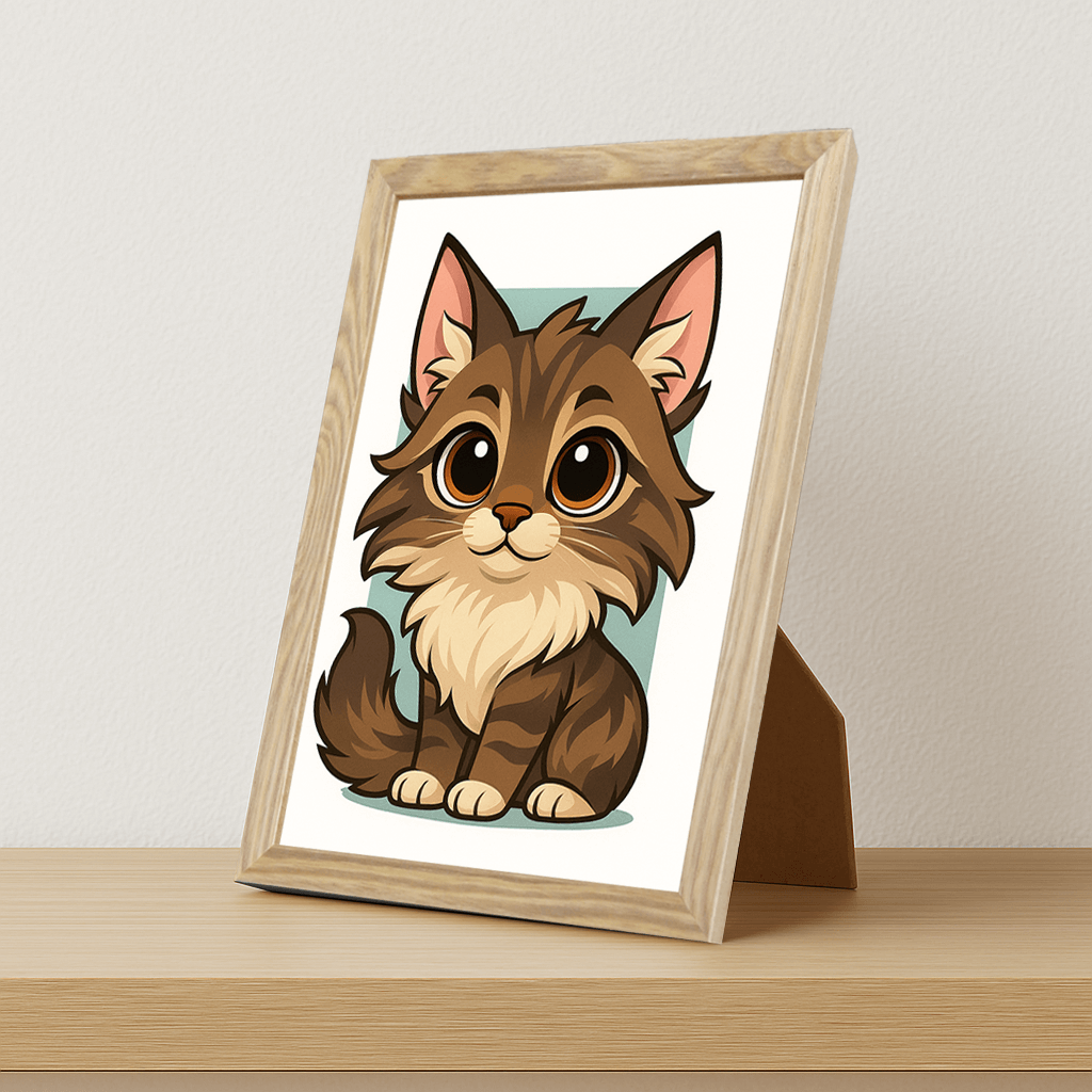 Maine Coon in stile Chibi stampato su forex, cornice portafoto legno, misura 21x29.7