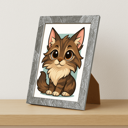 Maine Coon in stile Chibi stampato su forex, cornice portafoto argento, misura 21x29.7