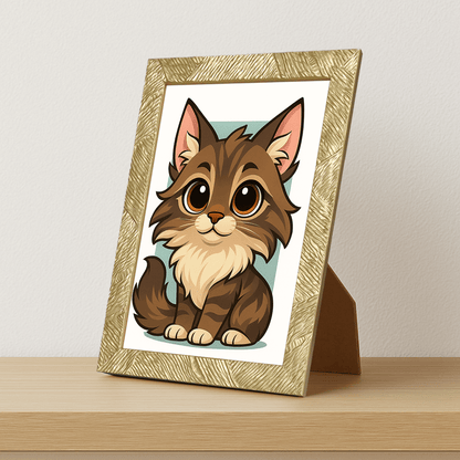 Maine Coon in stile Chibi stampato su forex, cornice portafoto oro, misura 21x29.7